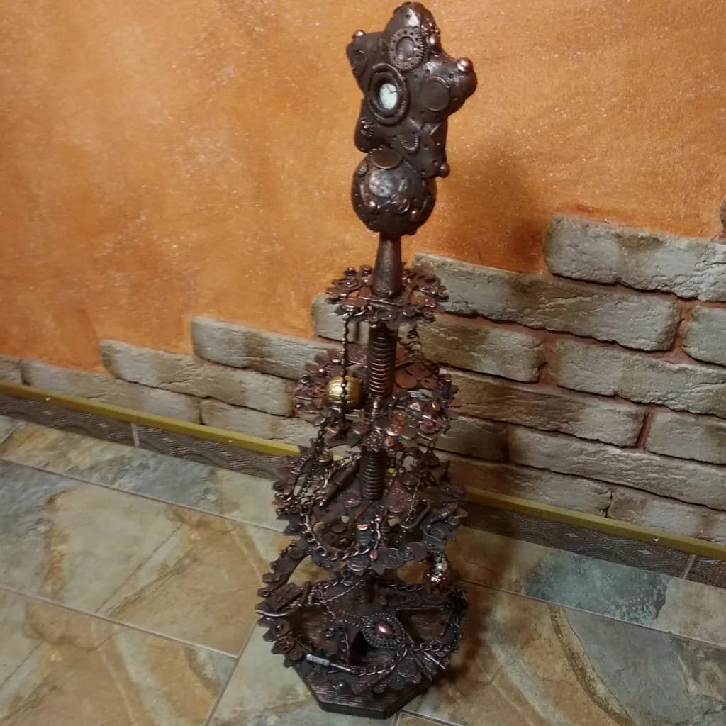 Whimsical Gears: A Vintage Metal Sculpture of Time and Irony
