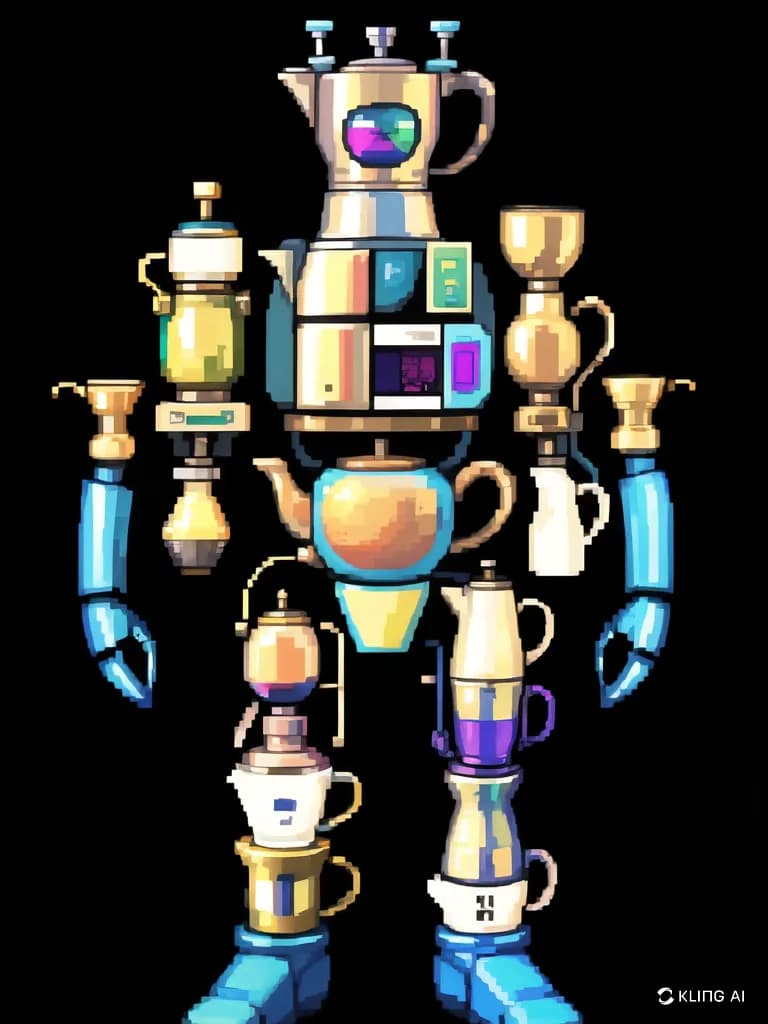 Whimsical Brewbot: A Playful Fusion of Art and Functionality in Pixel Form