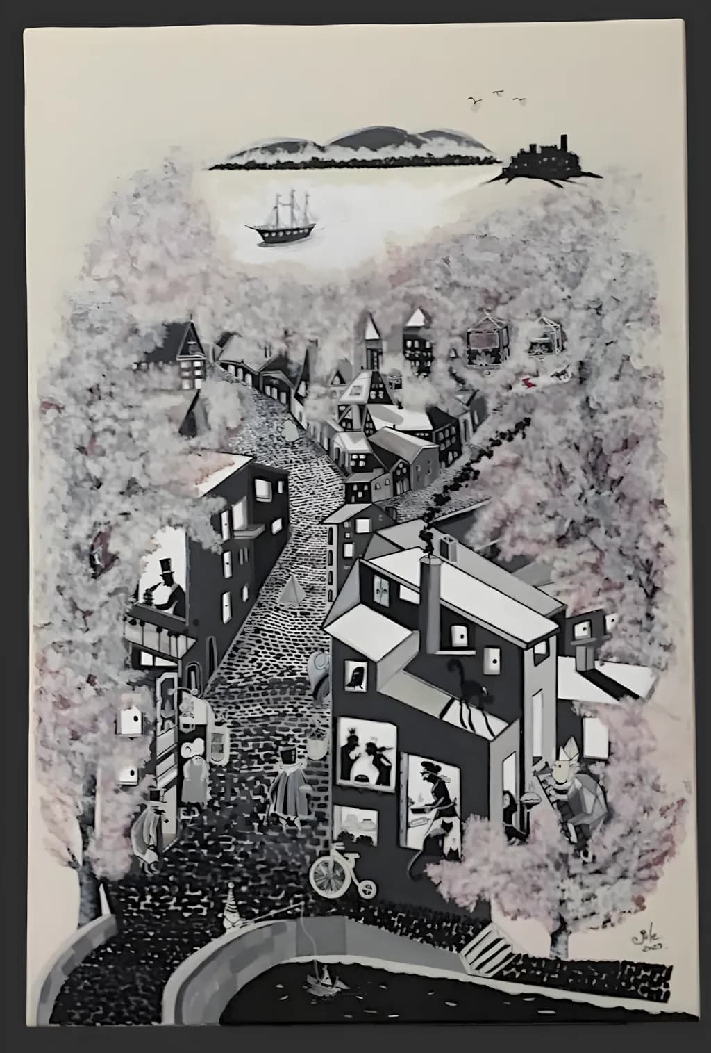 Monochrome Village Scene