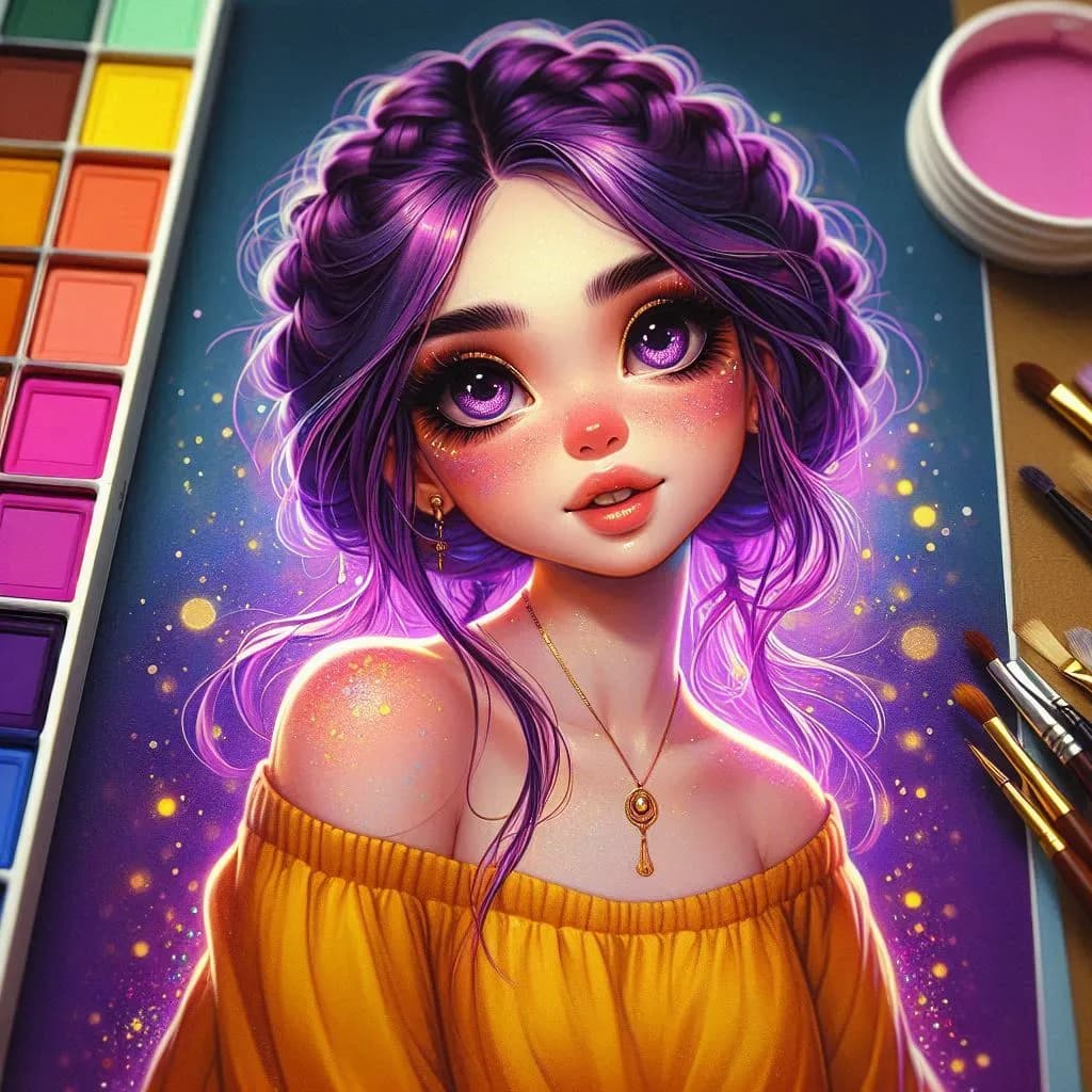 Whispers of Enchantment: A Radiant Portrait of a Dreamy Muse with Purple Tresses and Sparkling Eyes