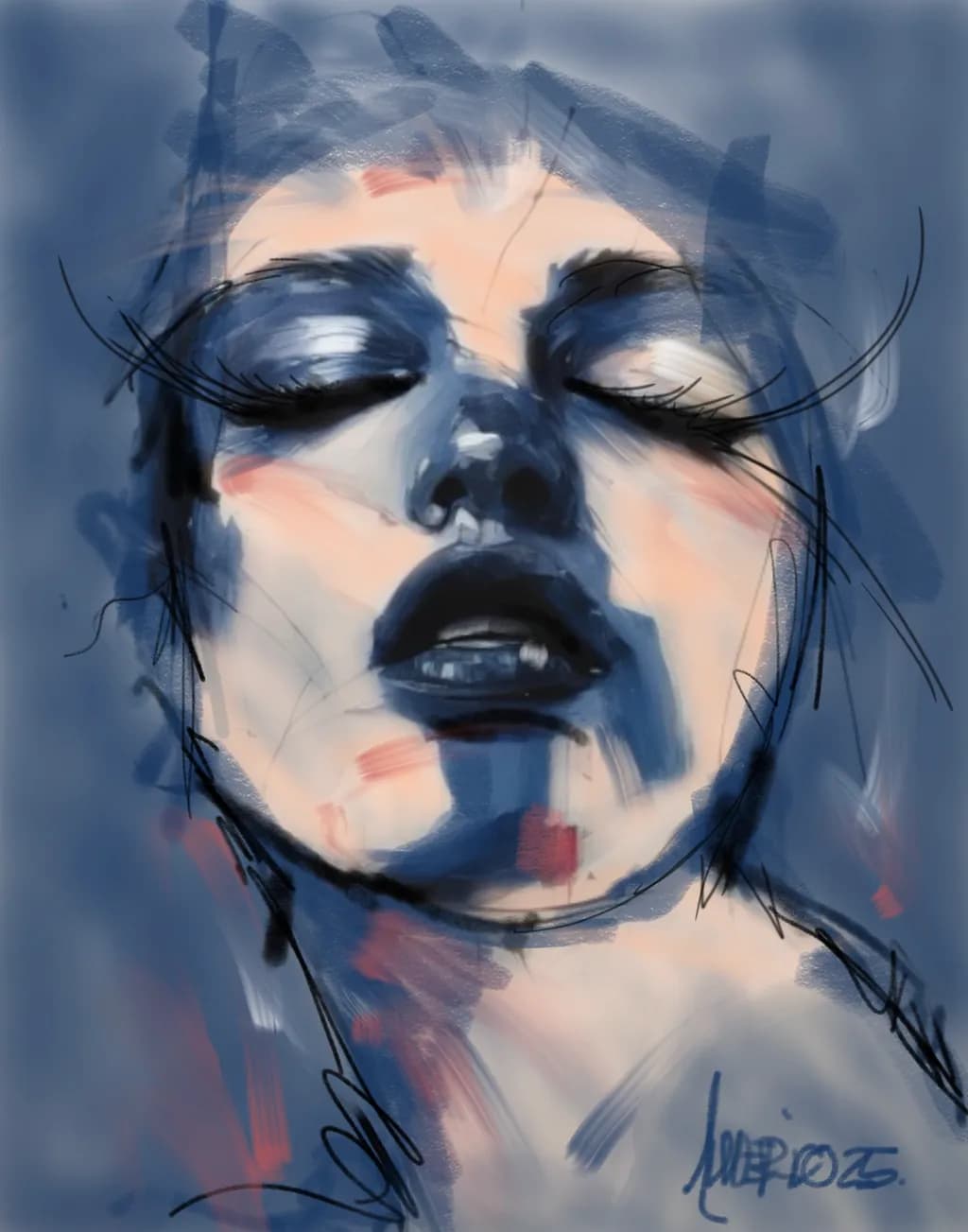Whispers of Emotion: A Dreamlike Portrait in Blue and Red Hues