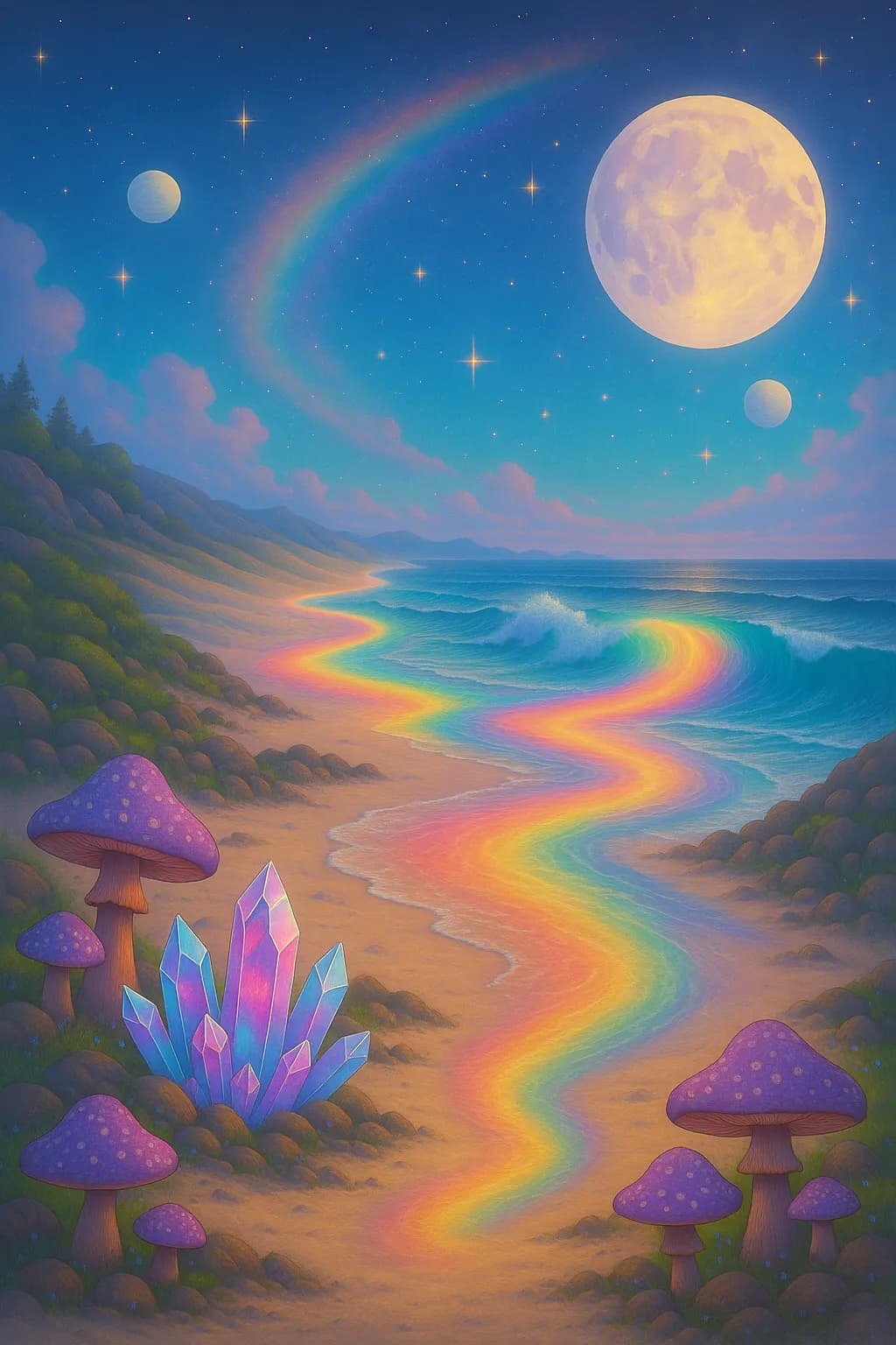 Whimsical Moonlit Shore: A Rainbow Path Through Enchanted Crystals and Mushrooms