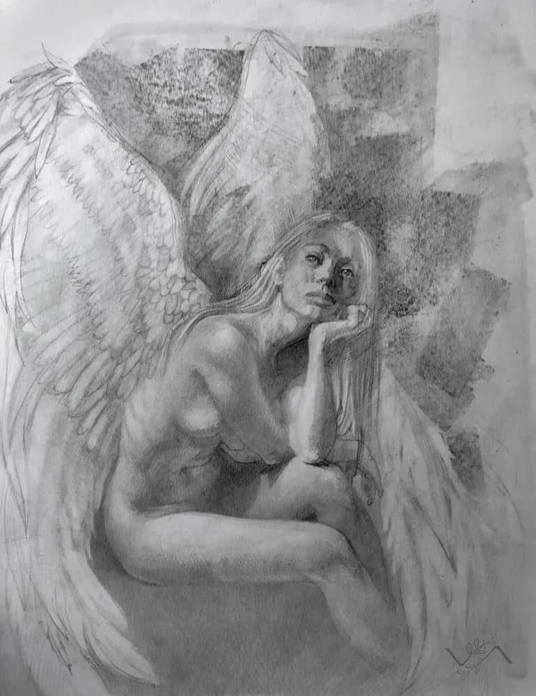 Whispers of the Winged Muse: A Contemplative Embrace of Light and Shadow