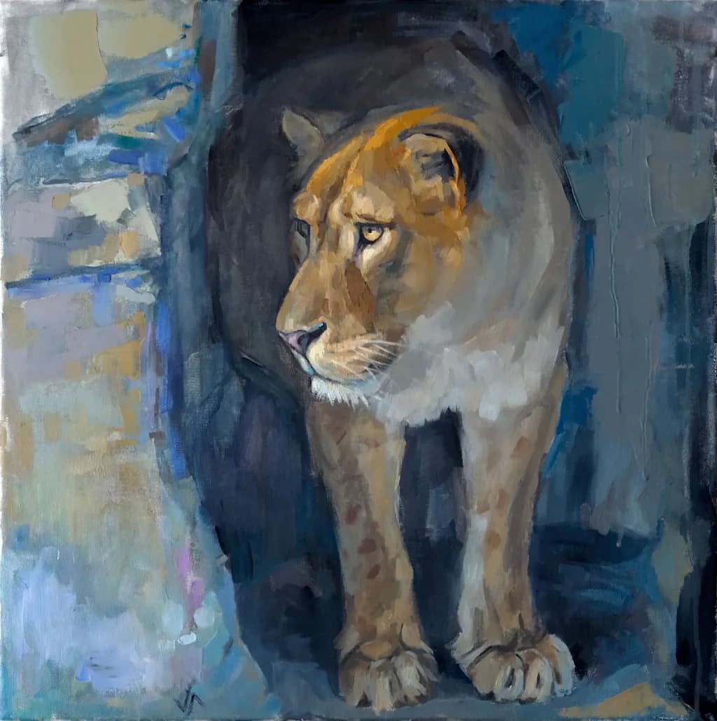 Majestic Gaze: The Soulful Portrait of a Lioness in Vibrant Hues