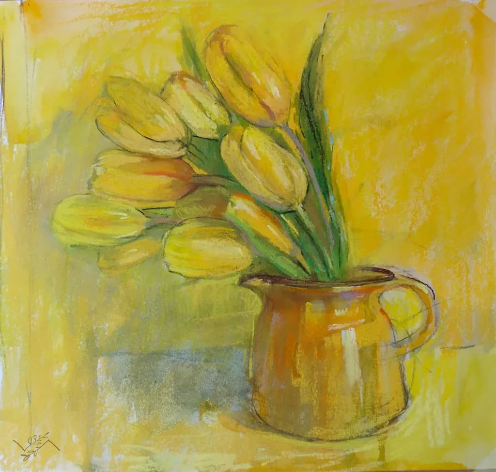 Golden Embrace: A Vibrant Celebration of Yellow Tulips in a Rustic Vase
