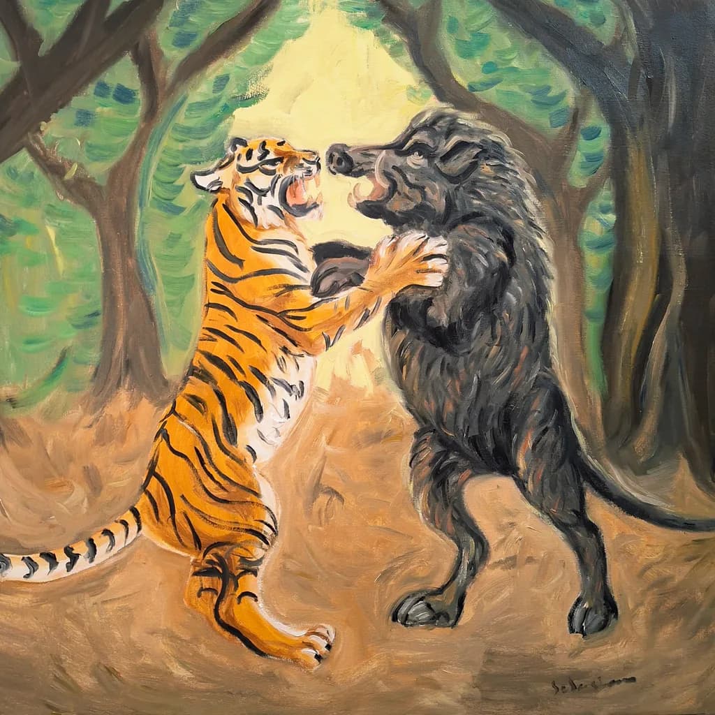 The fight between the tiger and the wild boar