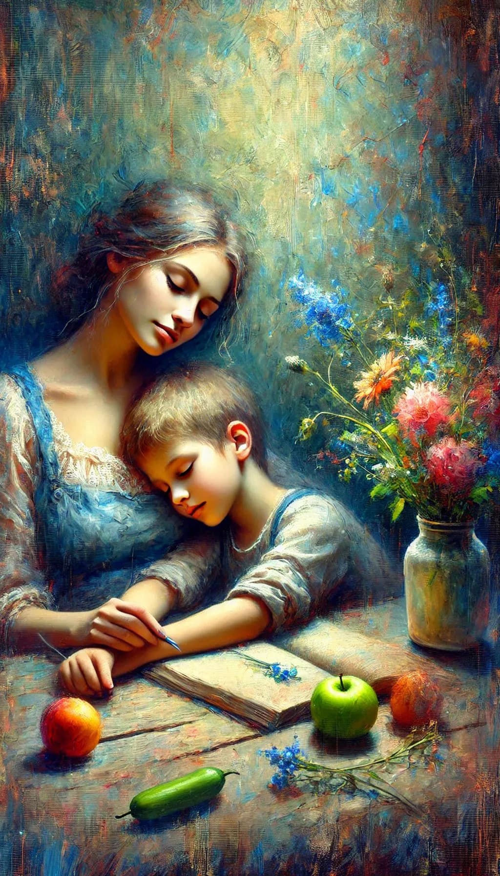 Whispers of Affection: A Mother and Child's Still-Life Embrace Amidst Nature's Blooms