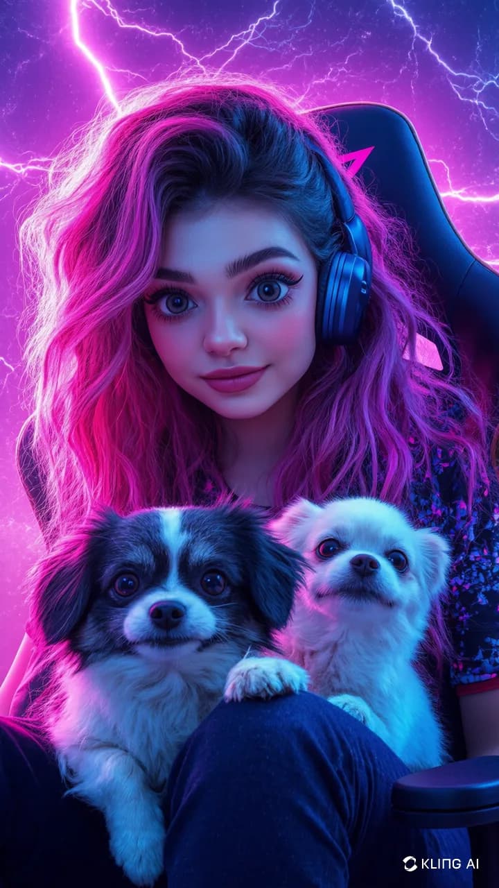 Electric Dreams: A Gamer's Bond with Furry Companions in Neon Glow