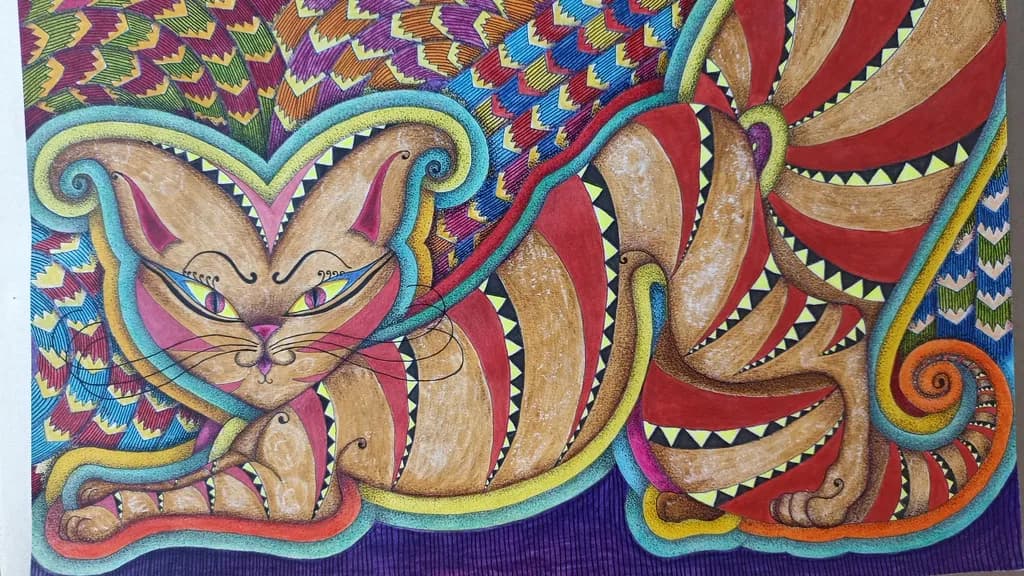 Whimsical Feline: A Vibrant Dance of Color and Pattern