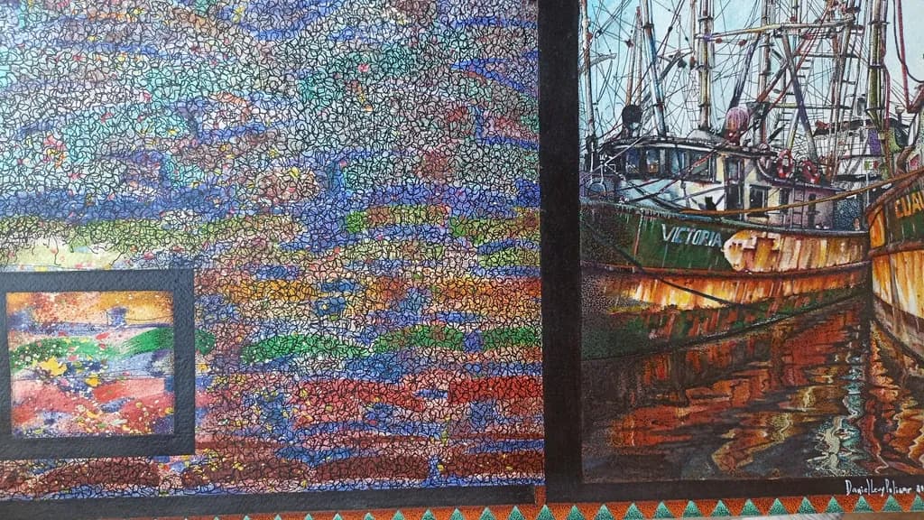 Vibrant Maritime Mosaic: A Textured Journey Through Colorful Waters and Boats
