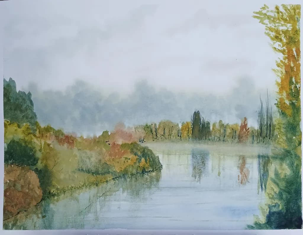 Autumn Serenity: A Watercolor Reflection of Nature's Tranquility