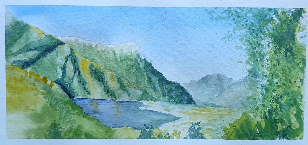 Serenity in Nature: A Tranquil Watercolor Landscape of Mountains and Lake