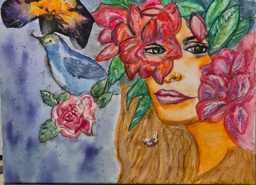 Whispers of Nature: A Harmonious Blend of Flora and Fauna in Watercolor Portraiture