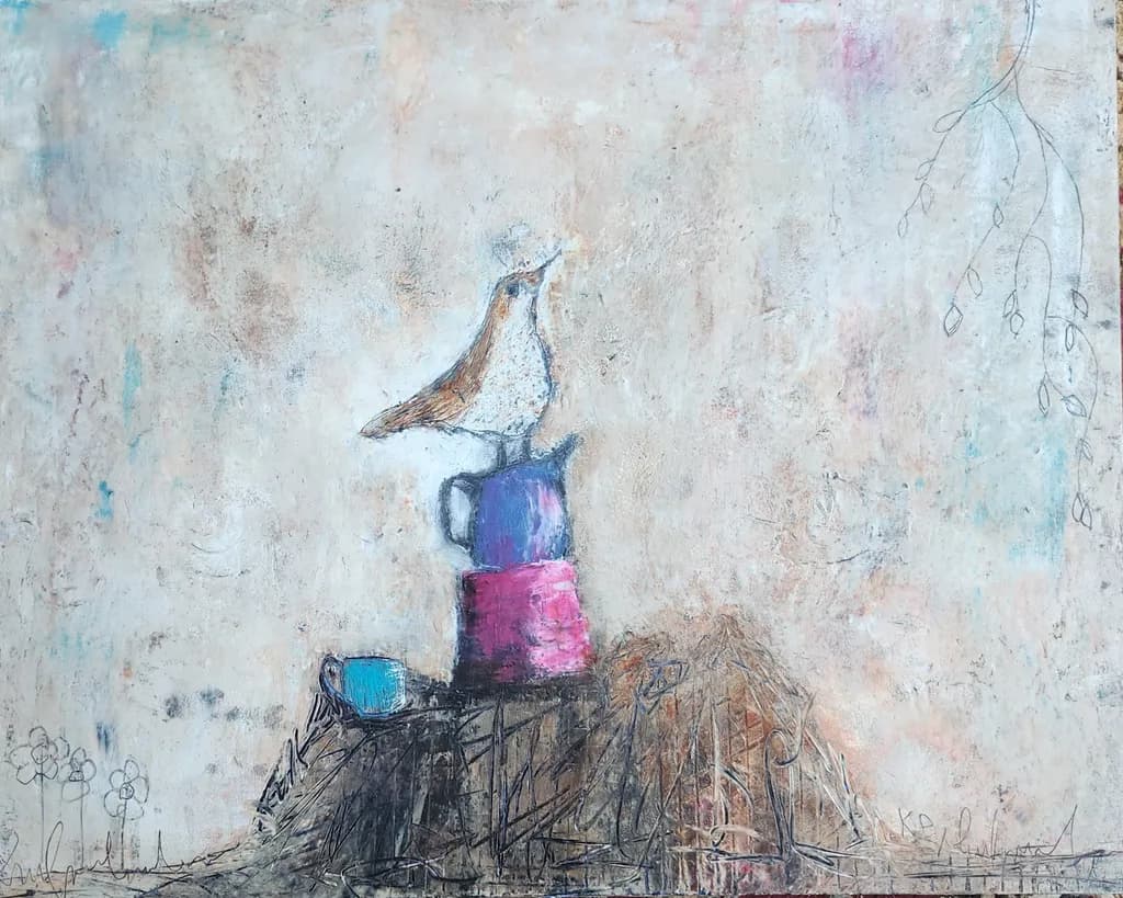 Whimsical Harmony: A Bird's Perch on Colorful Pots Amidst Nature's Embrace