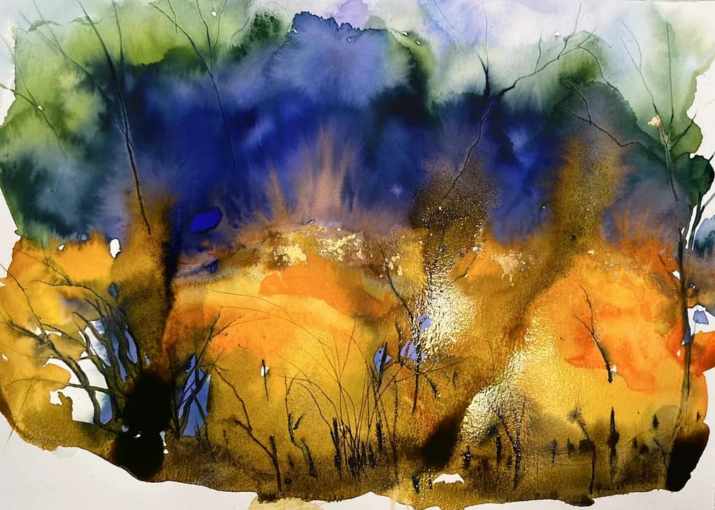 Whispers of Autumn: A Vibrant Watercolor Landscape in Gold and Blue