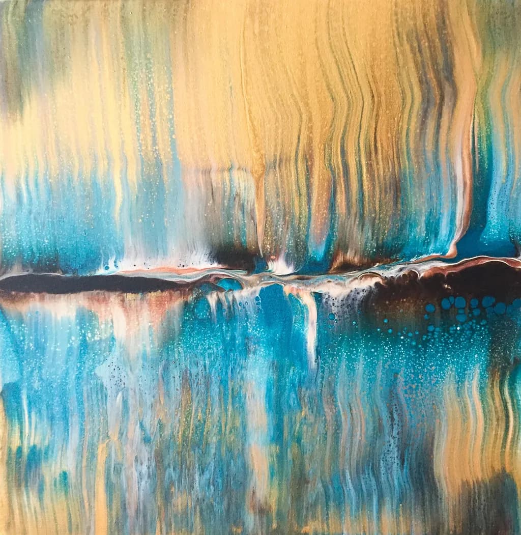 Ethereal Waves: A Dance of Aqua and Gold in Abstract Harmony