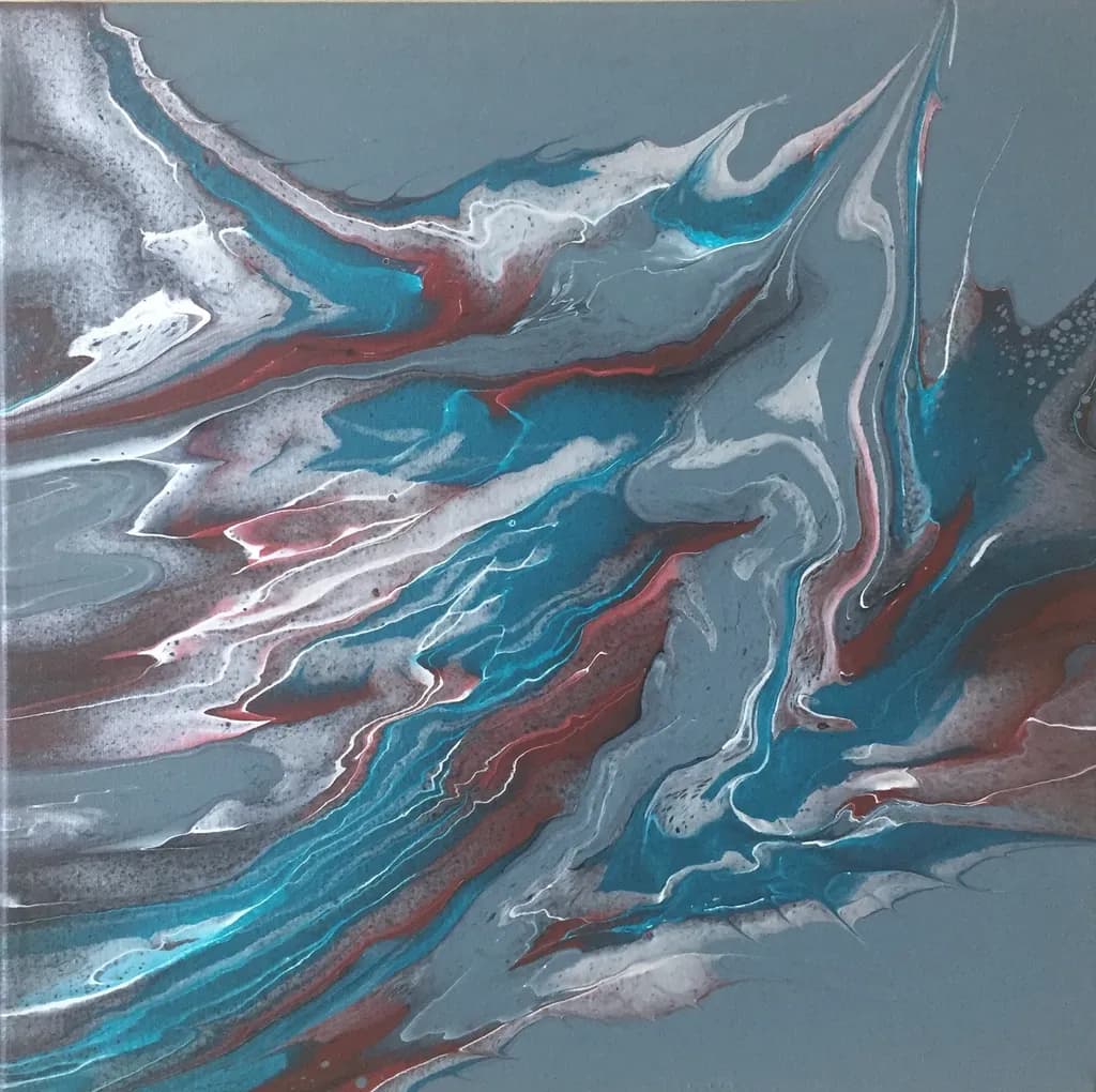 Whispers of the Ocean: A Fluid Dance of Turquoise and Crimson on Gray Canvas