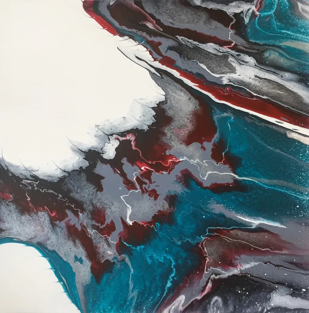 Celestial Currents: A Dance of Turquoise and Crimson in Abstract Harmony