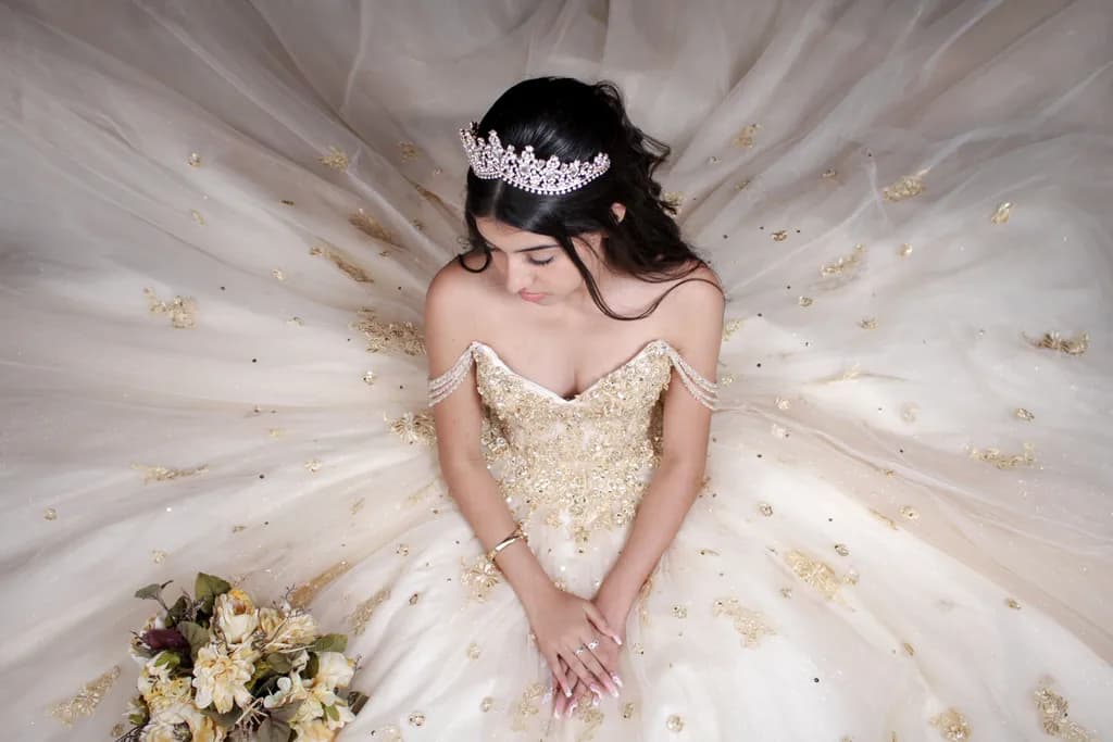Ethereal Elegance: A Dreamy Portrait of Grace in a Golden Gown