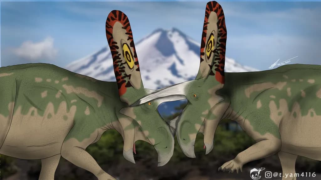 Dinosaur Duet: A Colorful Prehistoric Encounter in a Majestic Landscape