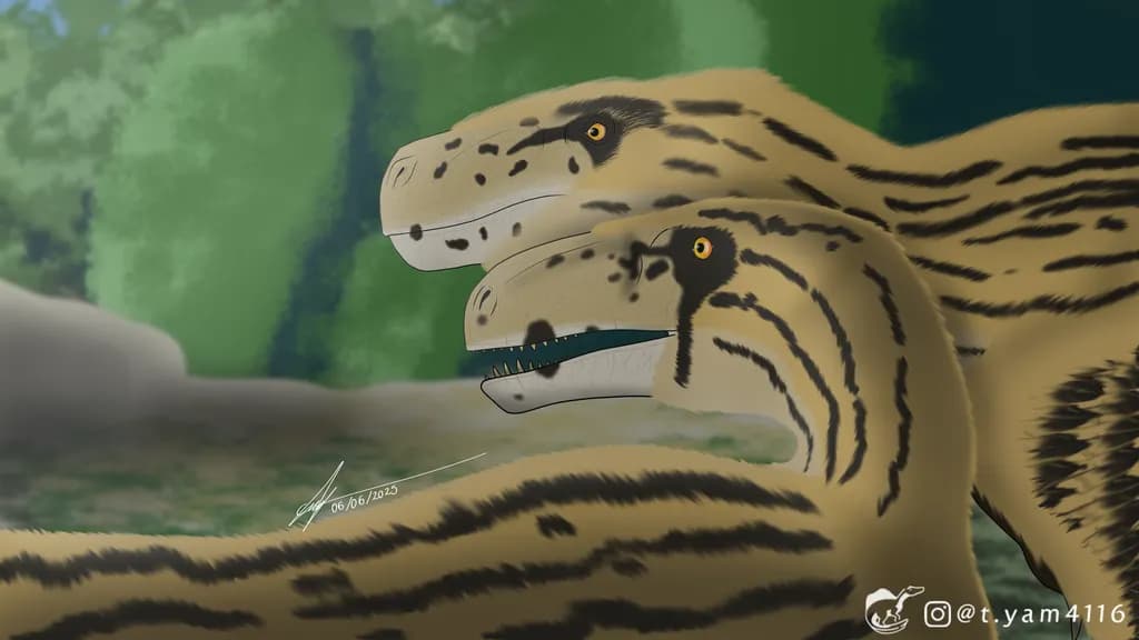 Dueling Titans: A Vivid Encounter of Feathered Dinosaurs in a Lush Prehistoric Landscape