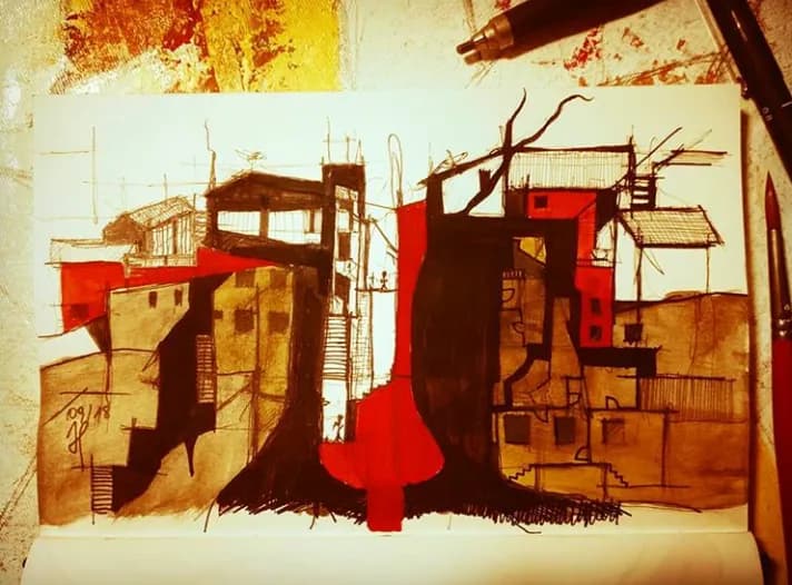 Urban Harmony: A Colorful Abstract Sketch of Architectural Contrast