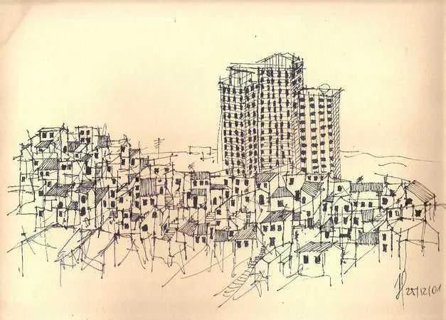 Urban Harmony: A Contrast of Old and New Architecture in Ink Drawing