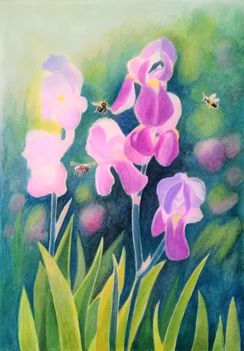 Whispers of Spring: Irises in Bloom with Busy Bees