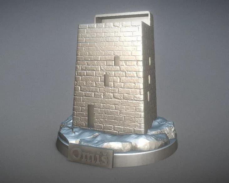 Timeless Fortress: The Omis Tower Sculpture in Silver Elegance