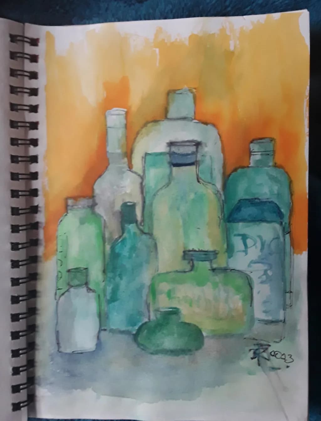 Whispers of Green: An Abstract Watercolor Composition of Bottles