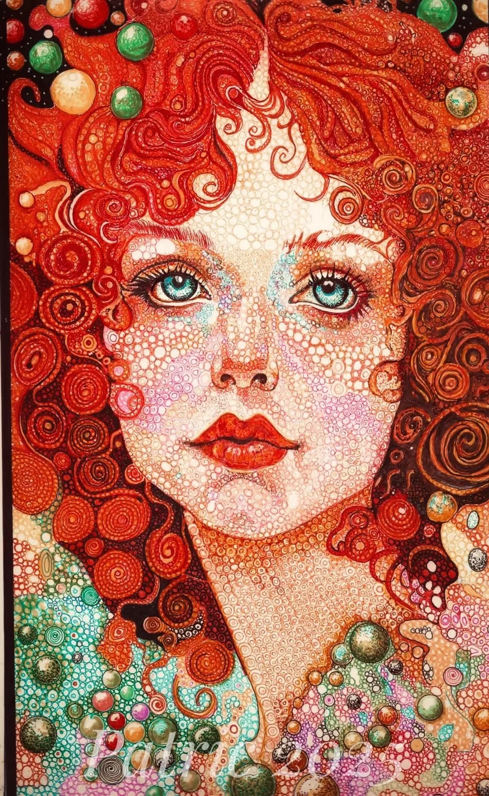 Whimsical Elegance: A Portrait of Spirals and Colorful Orbs