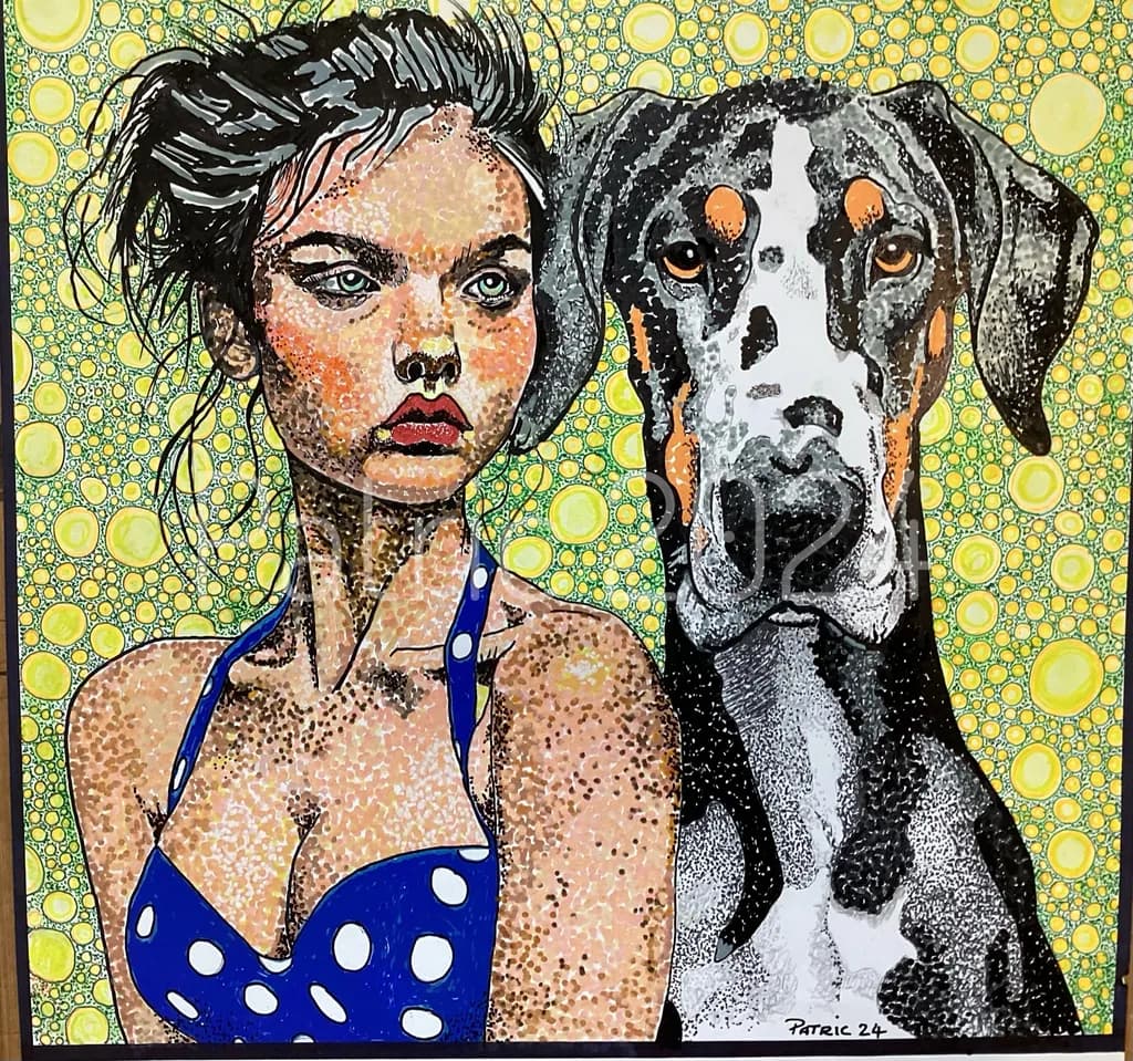 Whimsical Bond: A Girl and Her Great Dane in a Dotted Dreamscape
