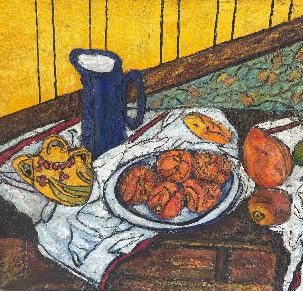 Vibrant Still Life: A Textured Celebration of Fruit and Ceramics on a Sunlit Tabletop