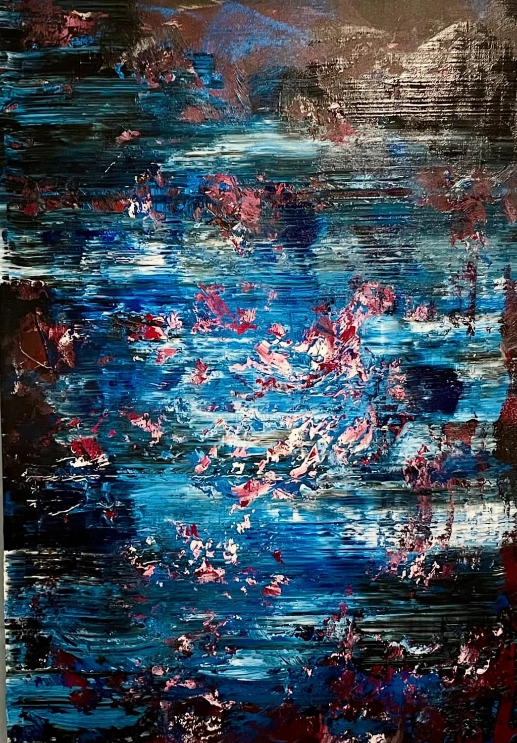 Whispers of the Deep: An Abstract Journey Through Blue and Crimson Tides