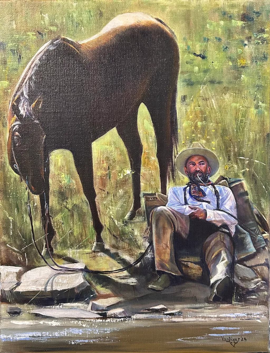 Serenity in Nature: A Man and His Horse by the Water's Edge
