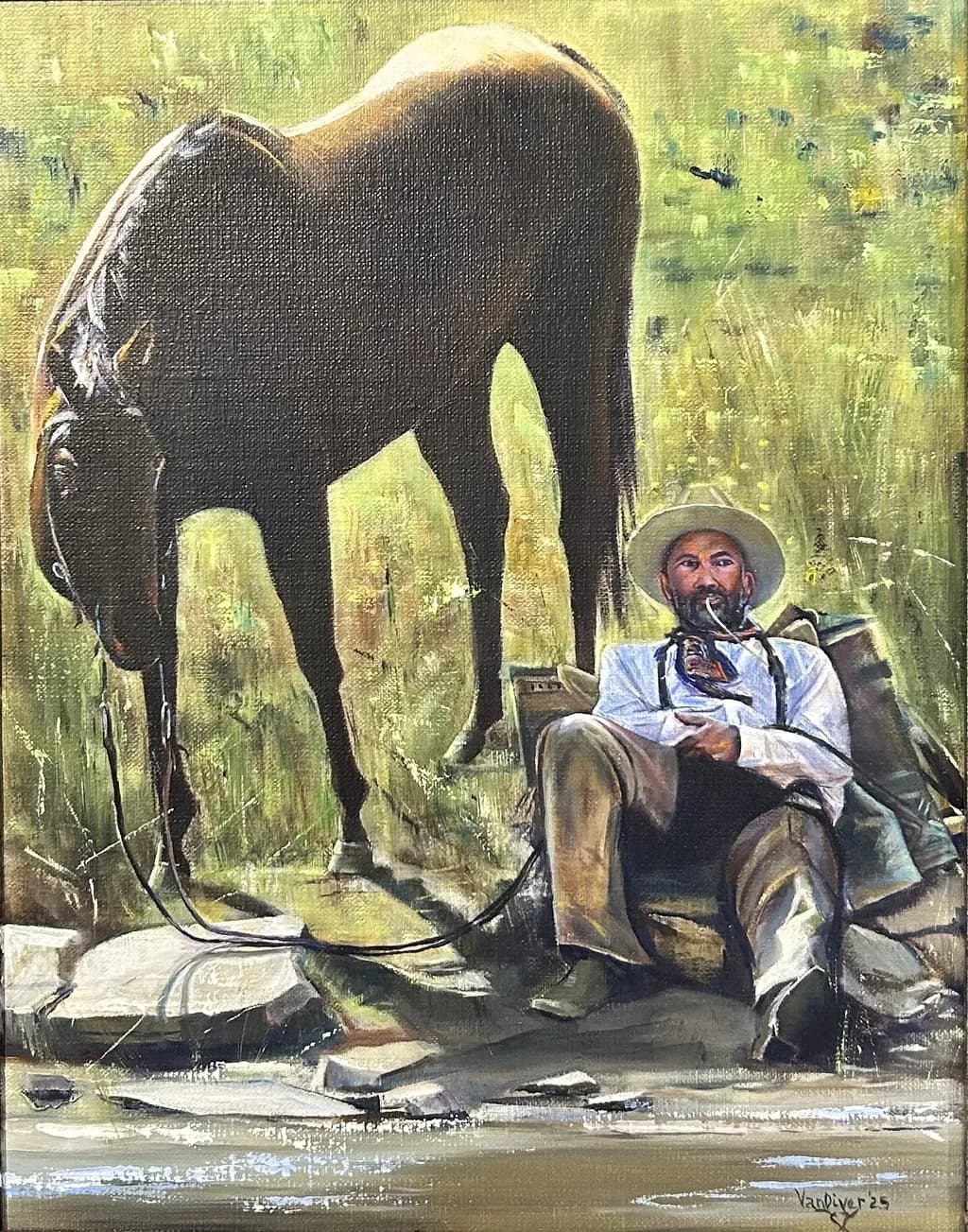 Whispers of the Wild: A Cowboy's Respite by the Riverbank