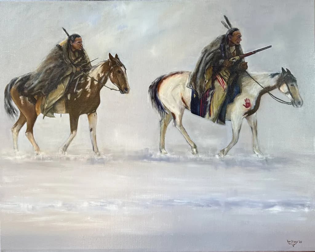 Silent Guardians of the Snow: Warriors on Horseback in a Frozen Landscape