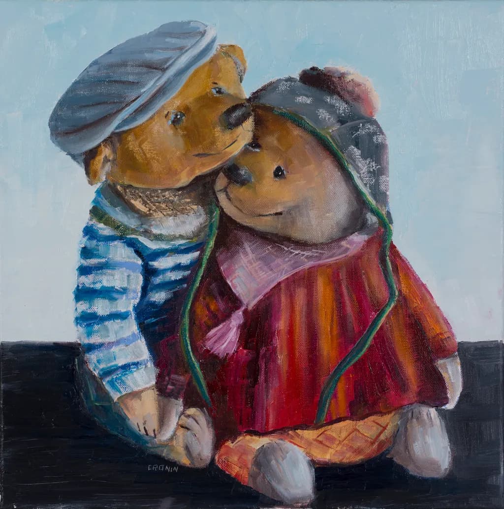 Whimsical Embrace: A Heartwarming Portrait of Two Adorable Bears in Cozy Attire