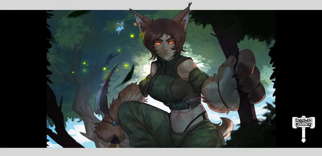Feline Warrior in the Enchanted Forest: A Journey of Shadows and Light