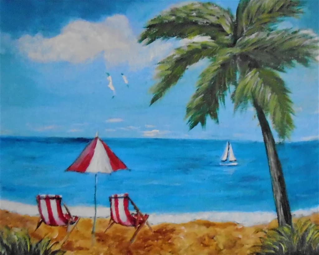 Serene Beach Escape: A Tropical Daydream with Palm Trees and Sailboats