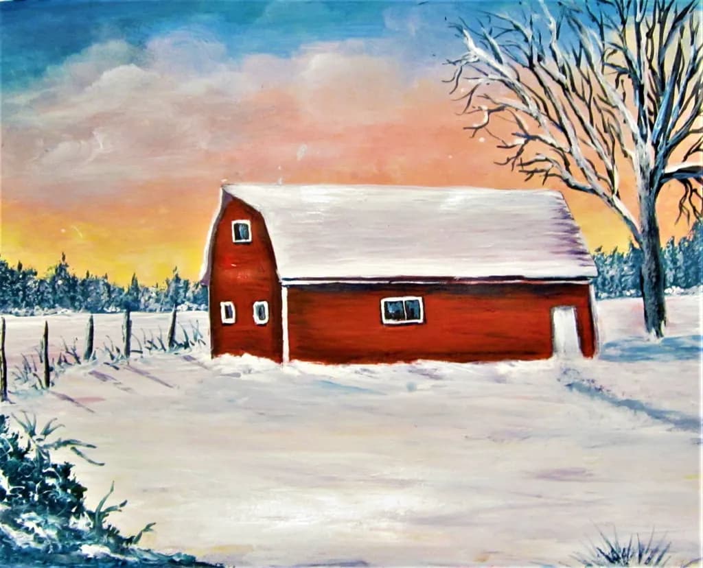 Winter's Embrace: A Serene Barn Amidst Snowy Landscapes at Dusk