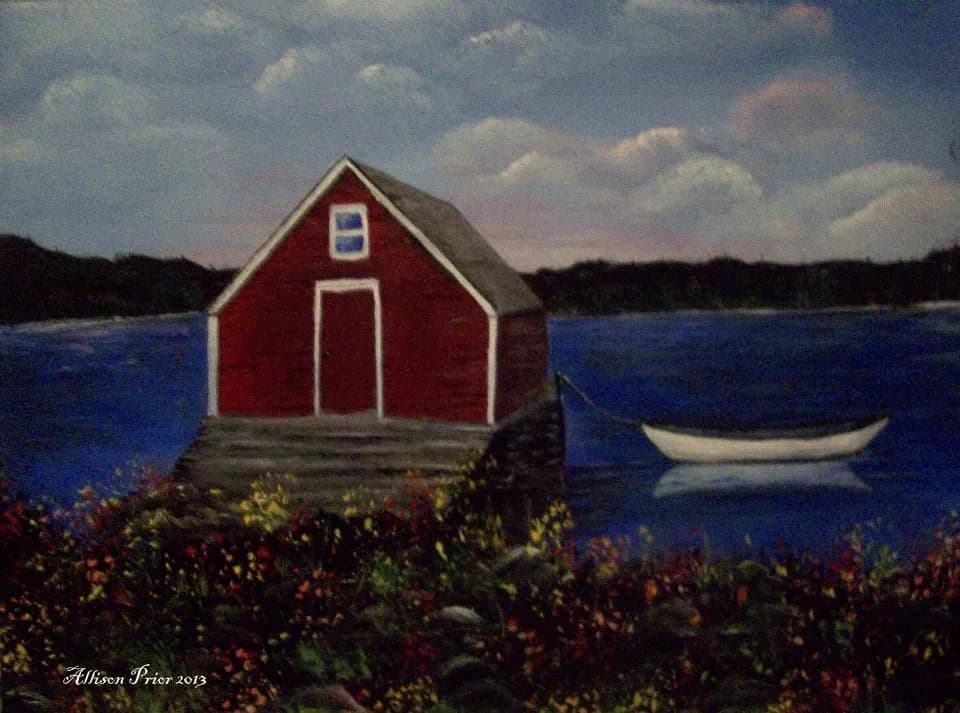 Serene Reflections: A Coastal Red Shed at Dusk
