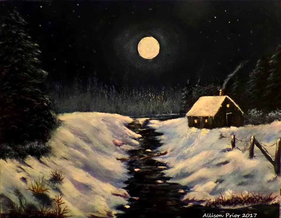 Moonlit Serenity: A Winter Cabin by the Stream