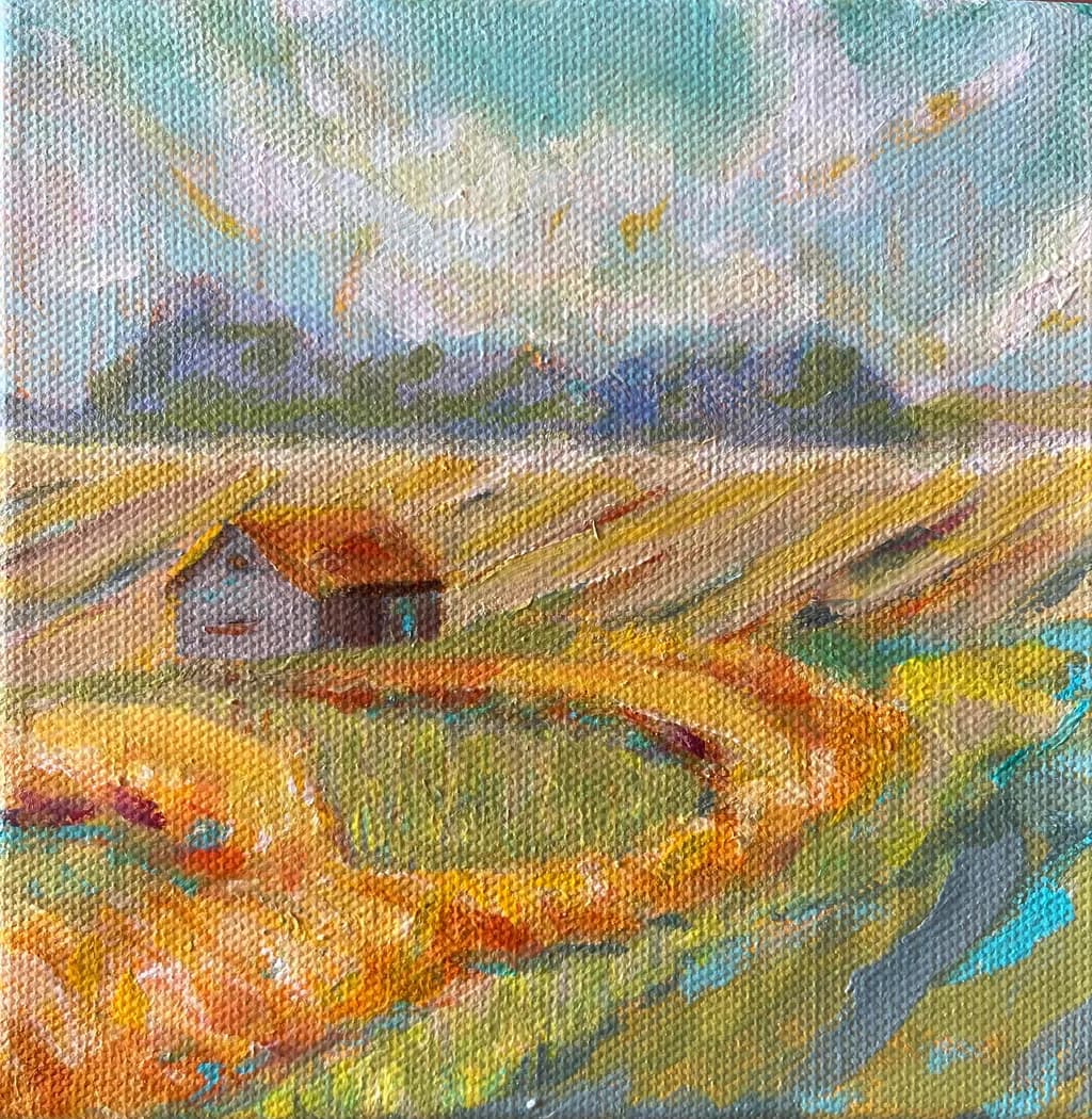 Whispers of the Golden Fields: A Serene Landscape with a Rustic House Under a Colorful Sky