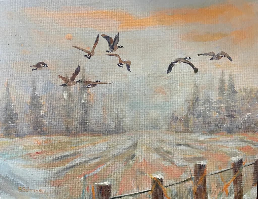 Whispers of Autumn: Geese in Flight Over a Misty Landscape