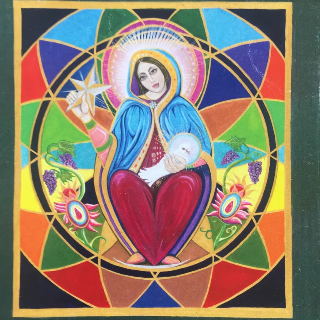 Radiant Embrace: A Colorful Spiritual Icon of Maternal Love and Tradition