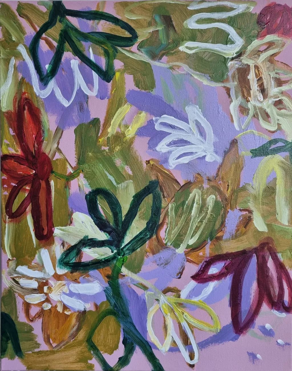 Whimsical Blooms: A Dance of Colorful Flora on Soft Pink Canvas