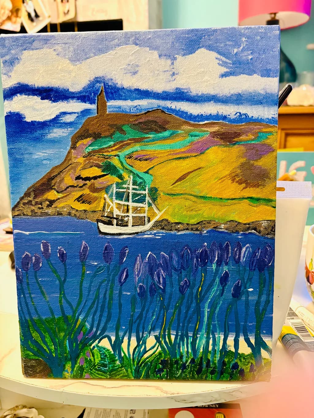 Whispers of the Coast: A Serene Seascape with Lavender Blooms and a Sailing Ship
