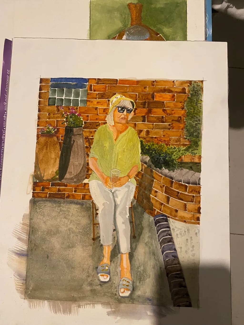 Summer Serenity: A Watercolor Portrait of Relaxation in Sunglasses and Bricks
