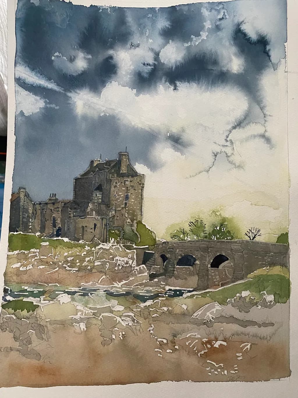 Whispers of Time: A Watercolor Journey Through Ancient Ruins and Stormy Skies
